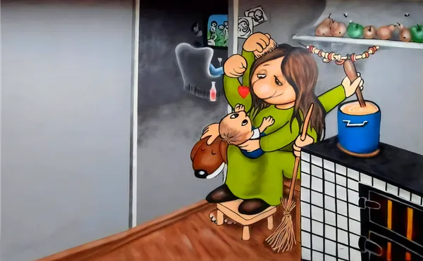 Aynı anda yemek yapan, temizlik yapan ve bebek emziren çok kollu anne karikatürü duvar resmi