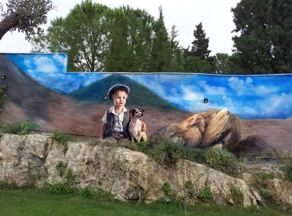 Bahçe duvarında şapkalı çocuk, köpek ve aslan figürlü mural
